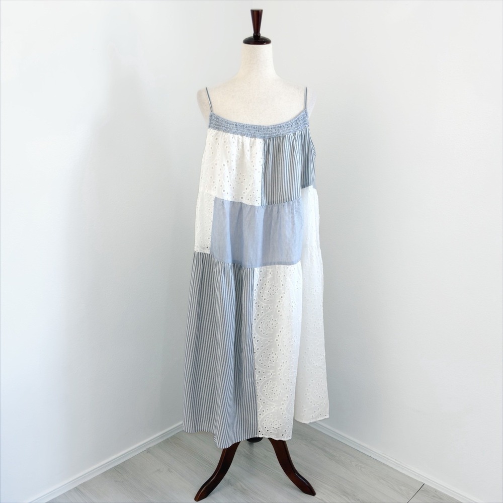 Fashion Nova Patchwork Lace Eyelet Dress Size 1X Blue White Boho Cottagecore